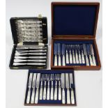 A set of six plated tea knives & forks with mother-of-pearl handles; & a set of six Elkington plated