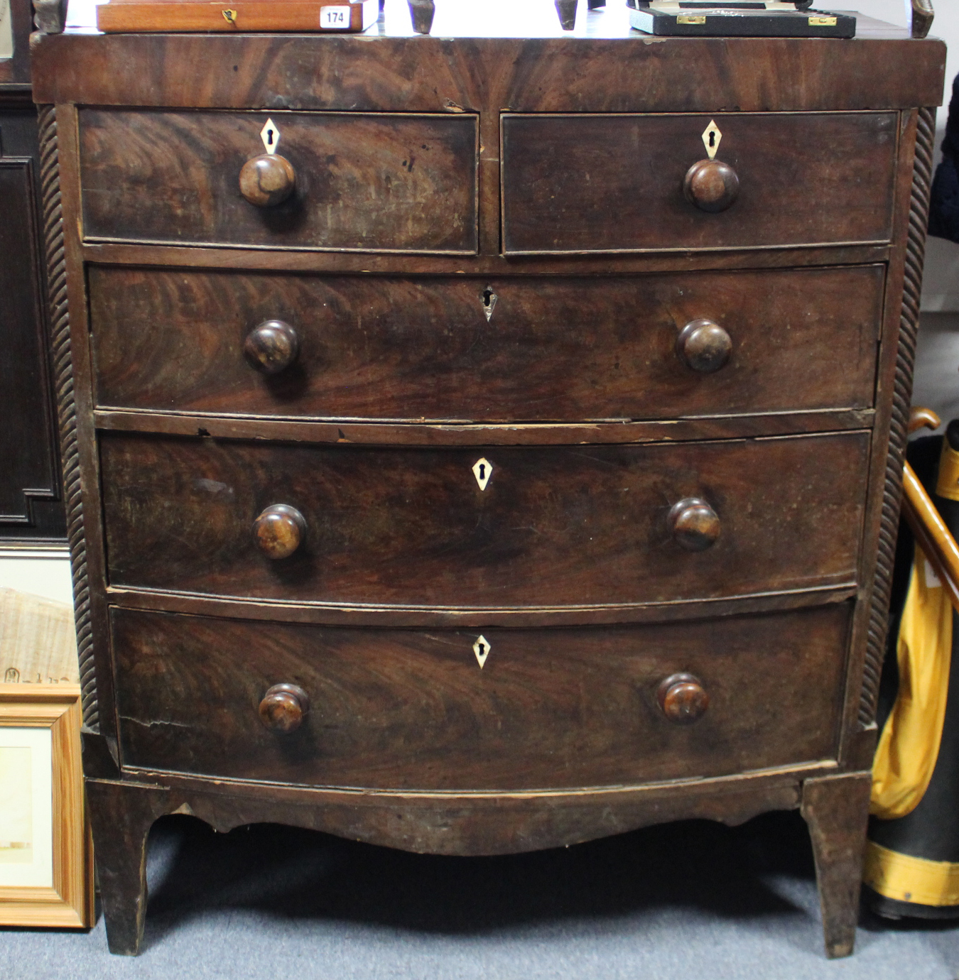 A 19th century mahogany chest, fitted two short & three long graduated drawers with turned knob