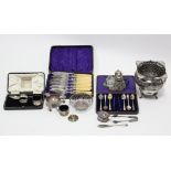 Two silver condiments; a silver napkin ring; & various items of silver-plate, & cutlery.