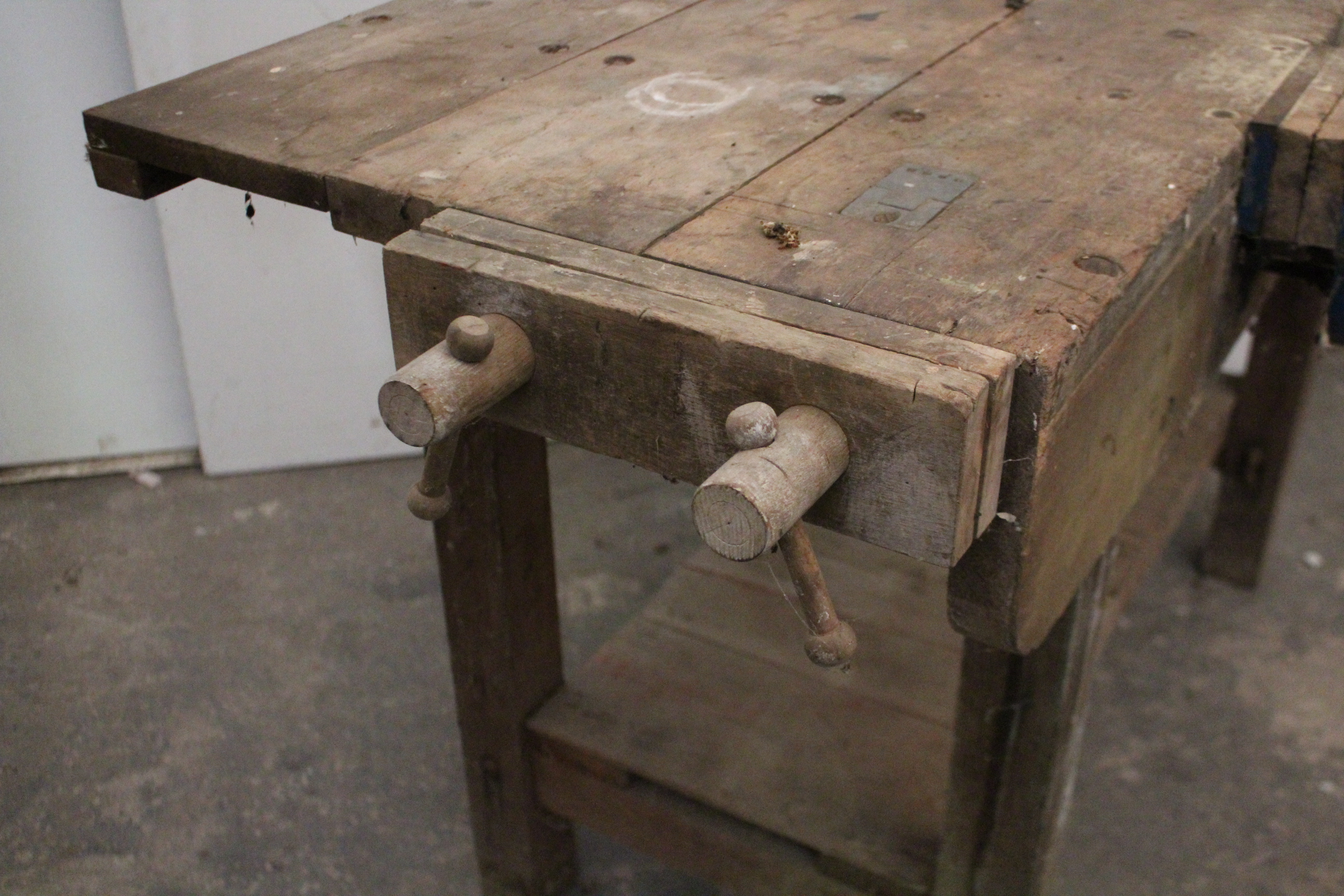 A wooden work bench fitted three clamps, & on square legs, 54” long. - Image 4 of 5