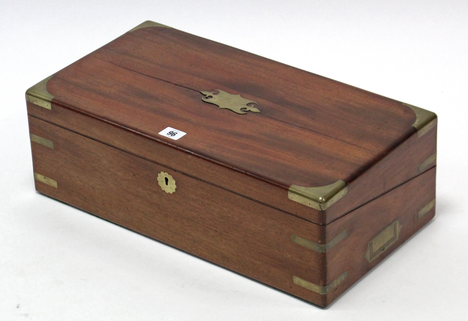 A 19th century brass-mounted mahogany large writing slope with fitted interior (split to top),