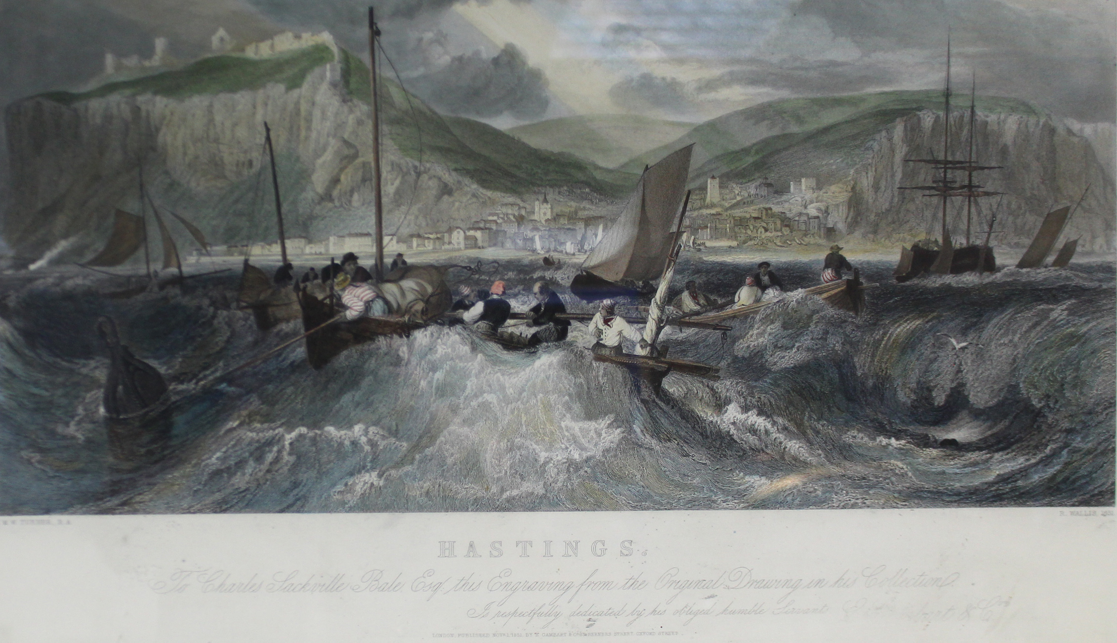 A large coloured engraving after J.M.W. Turner titled: “Hastings”; publ.1851, by E Gambart & Co.; - Image 2 of 2