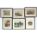 Three black & white etchings by Ernest George; together with various other decorative pictures &