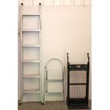 An Abru aluminium 3-way ladder; a small folding step ladder; & a pair of Black & Decker sack