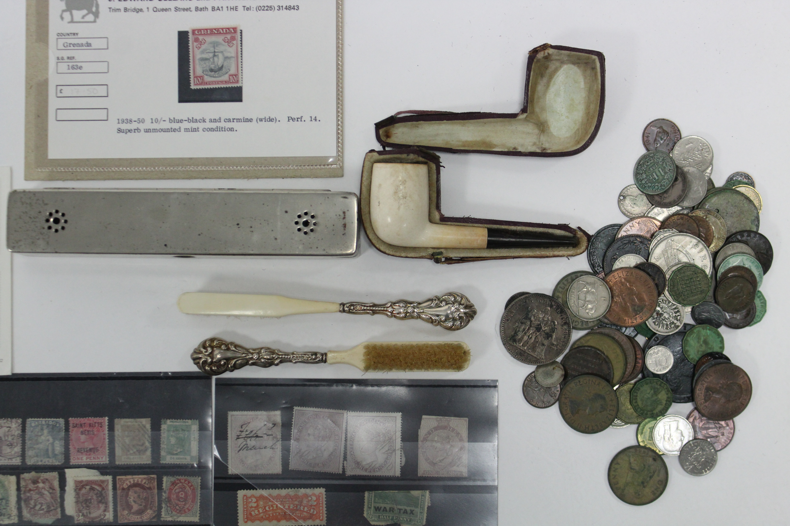 A Meerschaum pipe with case; two late Victorian child’s toothbrushes; & various coins & stamps. - Image 4 of 4