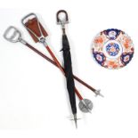 An Imari pattern floral decorated dish, 12” diam.; & three aluminium shooting sticks.