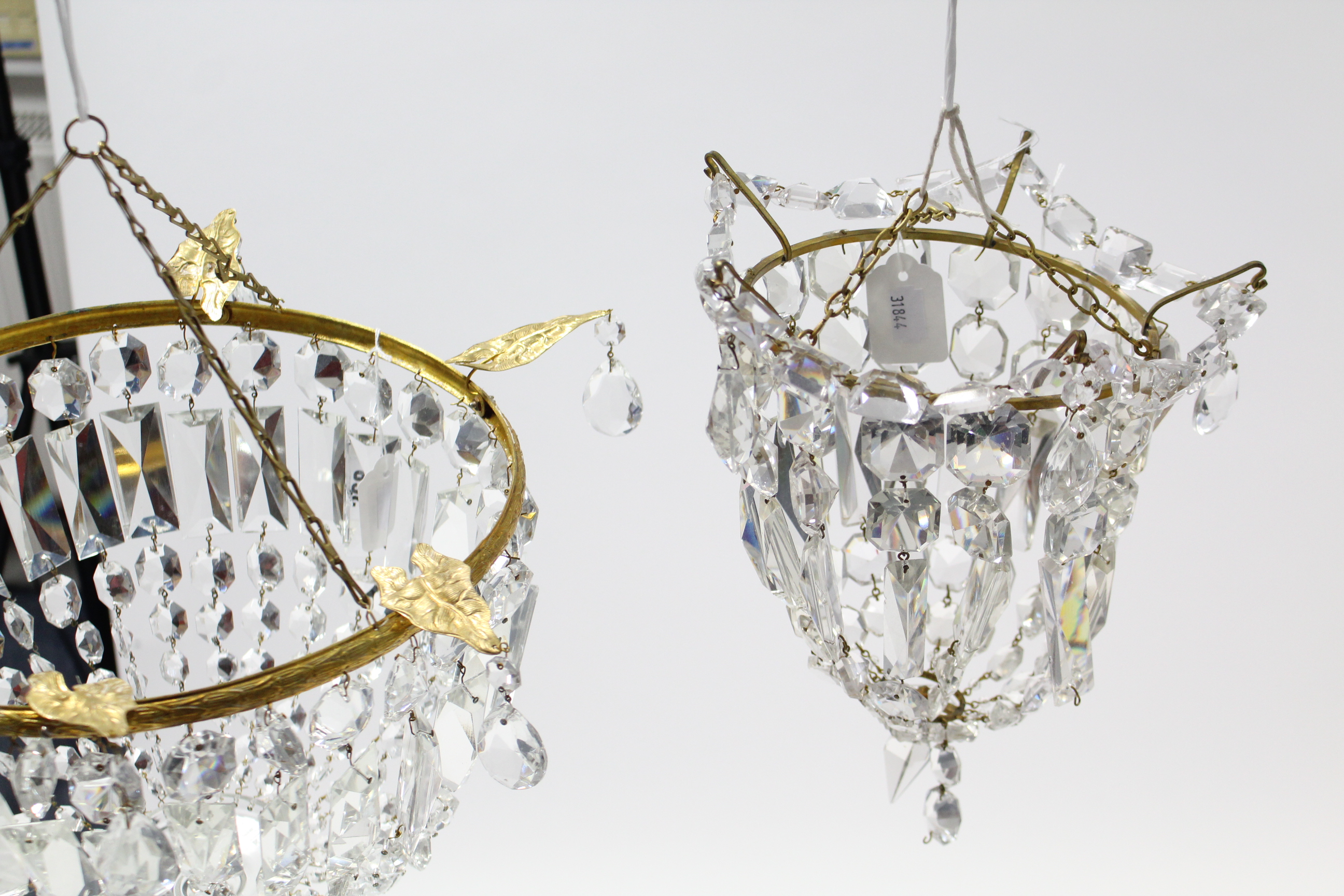 A gilt-metal frame basket-design ceiling light fitting hung with prism drops & strands-of-beads, 12” - Image 3 of 3