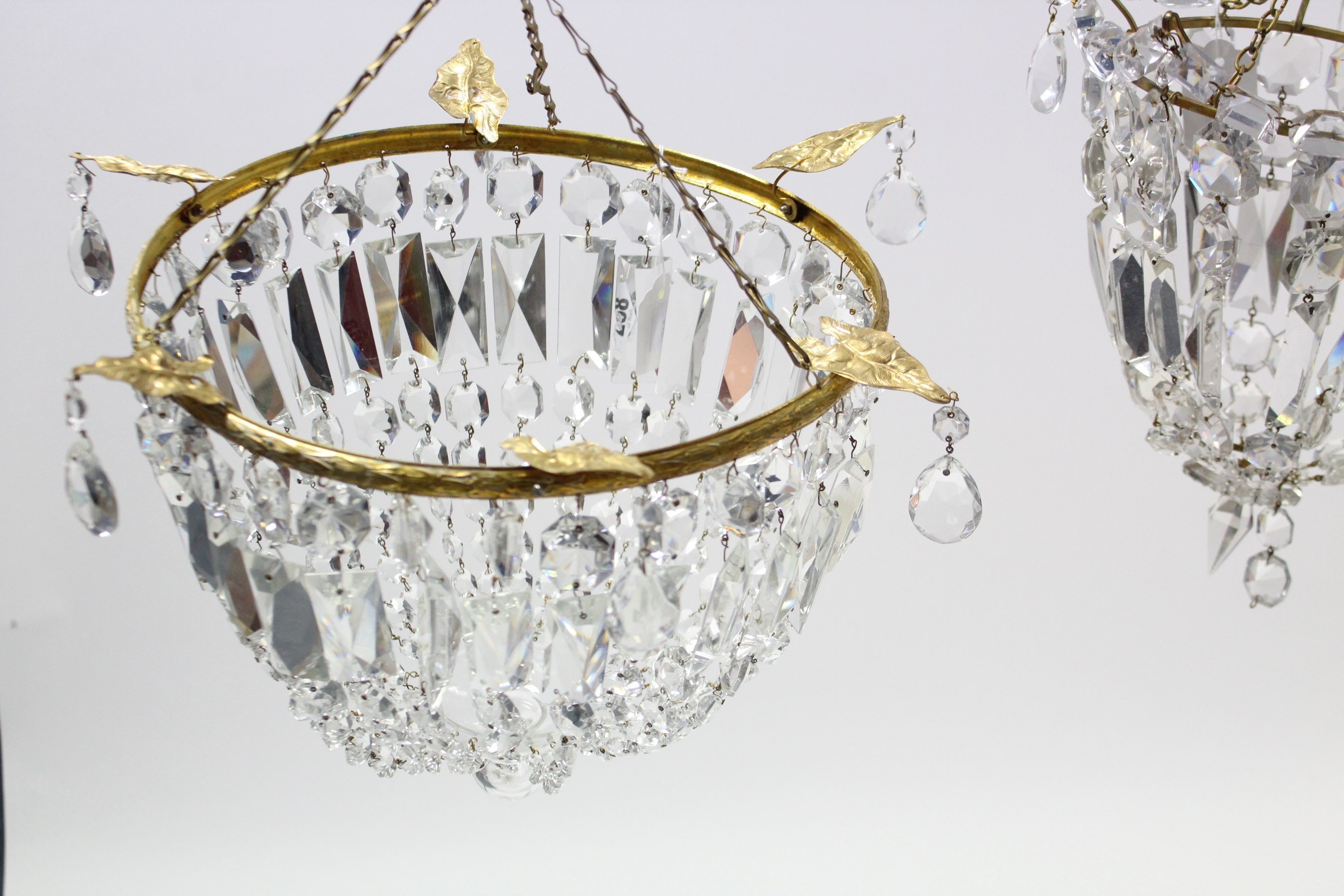 A gilt-metal frame basket-design ceiling light fitting hung with prism drops & strands-of-beads, 12” - Image 2 of 3