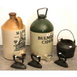 Two stoneware flagons “Bulmers Cider”; & “Maps Strength Purity; an iron glue pot; & three flat-