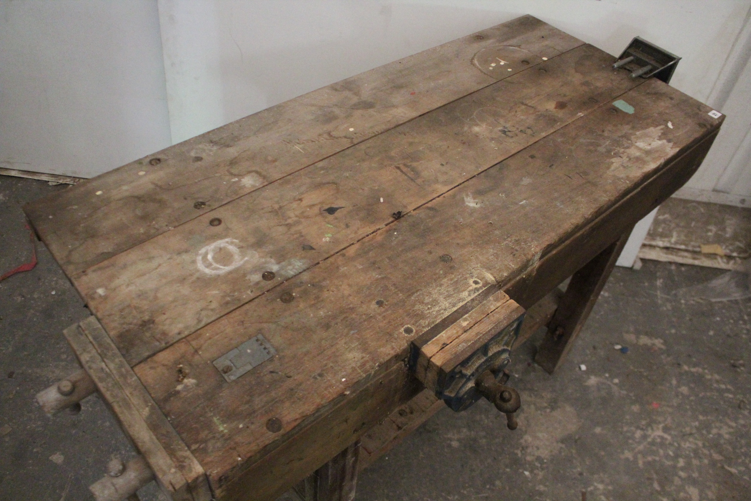 A wooden work bench fitted three clamps, & on square legs, 54” long. - Image 2 of 5