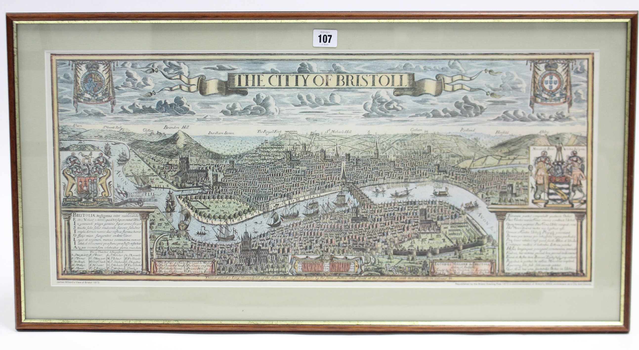 A reproduction 17th century-style coloured map “The City of Bristol”, 12” x 28”, in glazed frame.