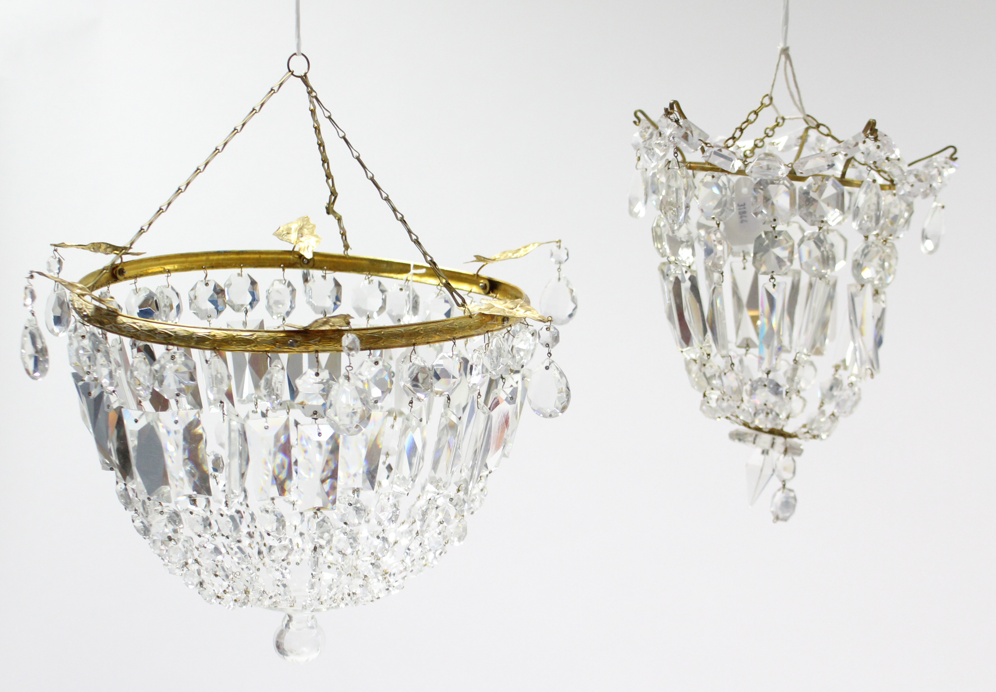 A gilt-metal frame basket-design ceiling light fitting hung with prism drops & strands-of-beads, 12”