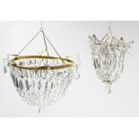 A gilt-metal frame basket-design ceiling light fitting hung with prism drops & strands-of-beads, 12”