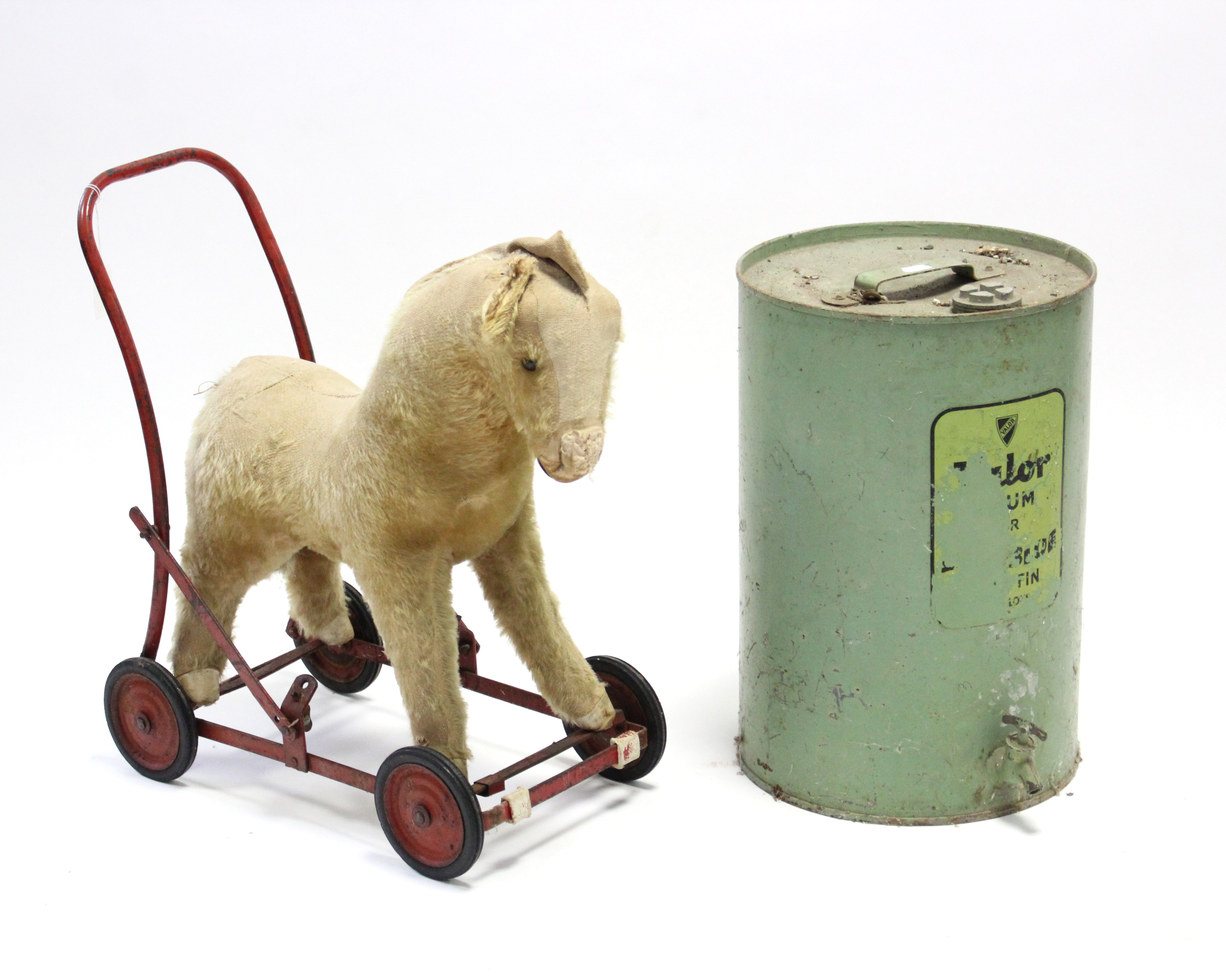 A Dean’s Rag Book “horse” baby walker; & a Valor oil drum, 17” high.