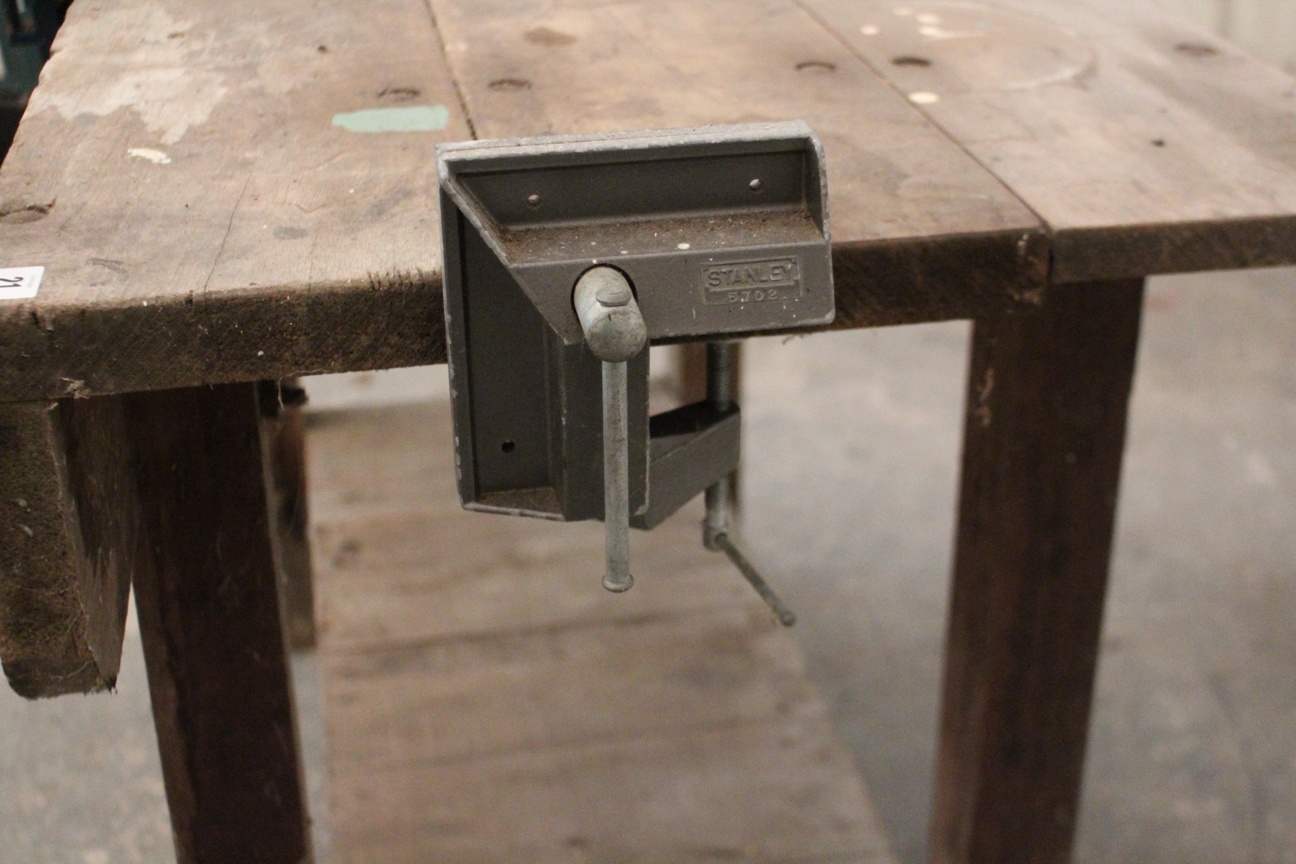 A wooden work bench fitted three clamps, & on square legs, 54” long. - Image 5 of 5