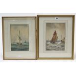 A watercolour painting of a stormy coastal landscape with sailing boat to the fore, titled to