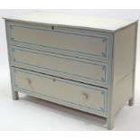 A continental-style pale grey & blue painted wooden mule chest, with hinged lift-lid & fitted deep