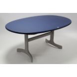 A G-plan blue painted & natural teak extending dining table with D-shaped ends, centre leaf, & on