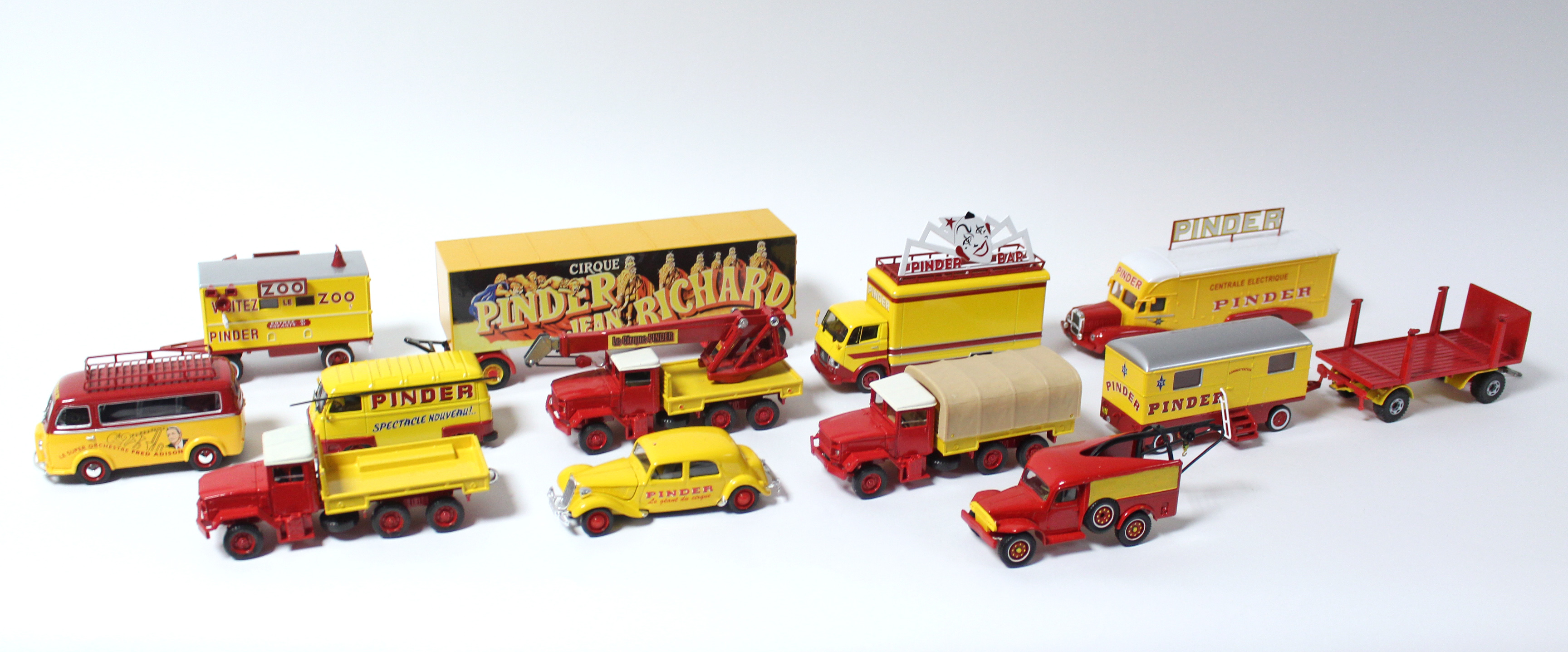Twelve Solido scale model “Pinder” (Circus) scale model vehicles, all unboxed.