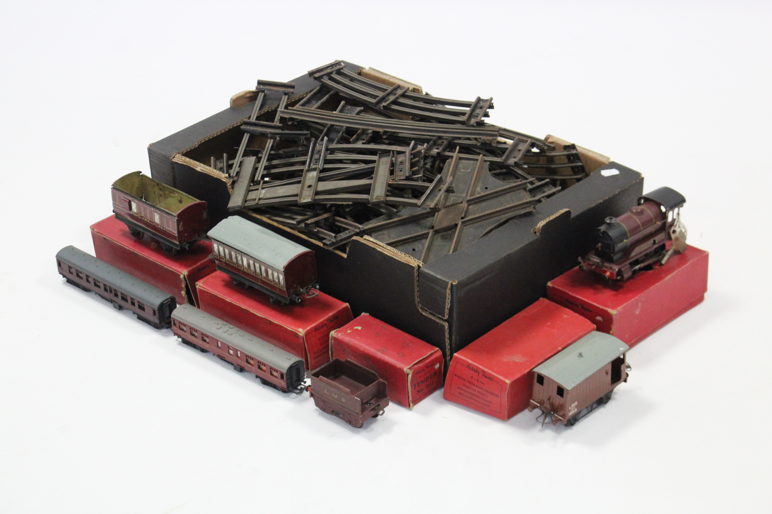 A Hornby trains clockwork operated “O” gauge scale model of a “501 Locomotive” (reversing), four