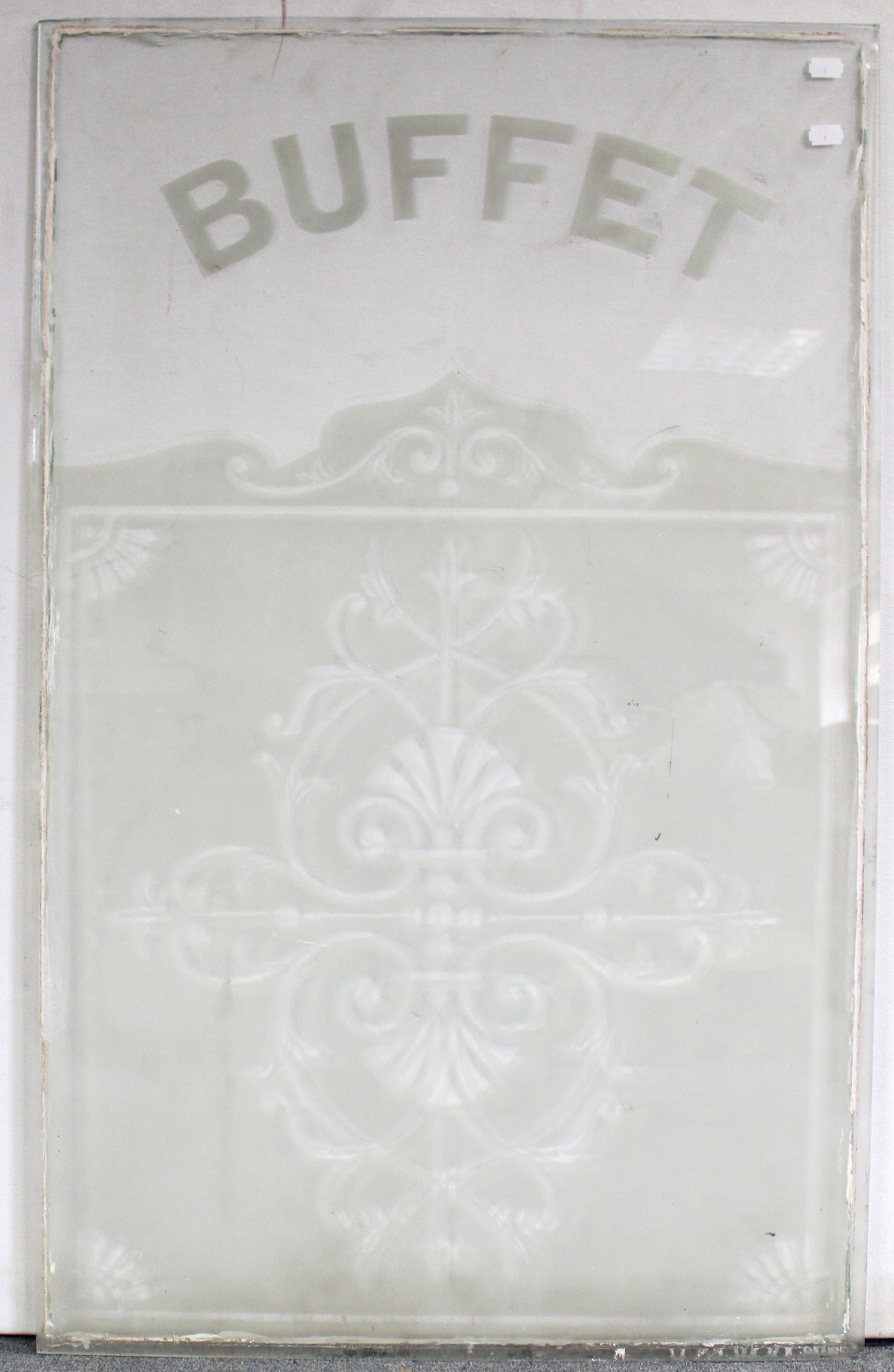 An etched glass rectangular “BUFFET” window (reputedly from a railway car), 38½” x 24”.