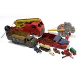 A Tri-ang painted-metal toy fire engine, two lithographed tinplate lorries, etc.