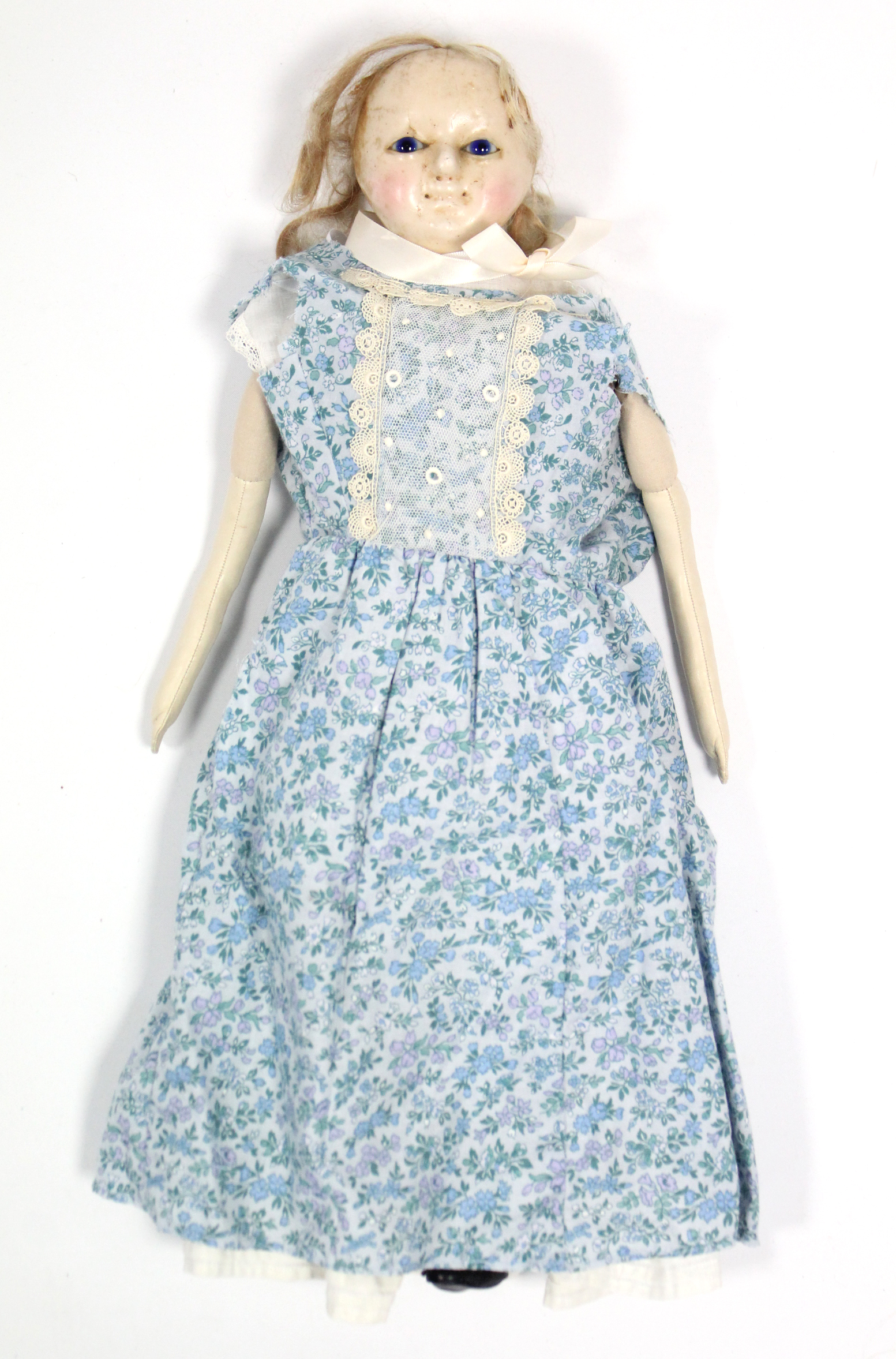 A Victorian wax head & shoulders girl doll with cloth body, 18” tall, dressed. - Image 2 of 2