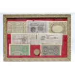 A large quantity of mixed British & foreign coins; & a framed display of German banknotes.