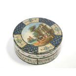 AN EARLY 19TH CENTURY FRENCH IVORY AND BONE DRUM-SHAPED BOX with painted decoration to the cover