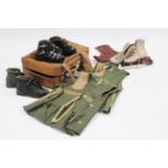 A pair of Saga ladies ice skates; two pairs of leather ski boots; & two ghillie jackets.