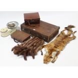 A leather suitcase, 25½” wide; two small brief cases; two fur stoles; & a Harper kitchen scale