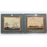 A pair of facsimilie oil paintings on canvas, each depicting vintage sailing boats, 7½” x 9½”, in