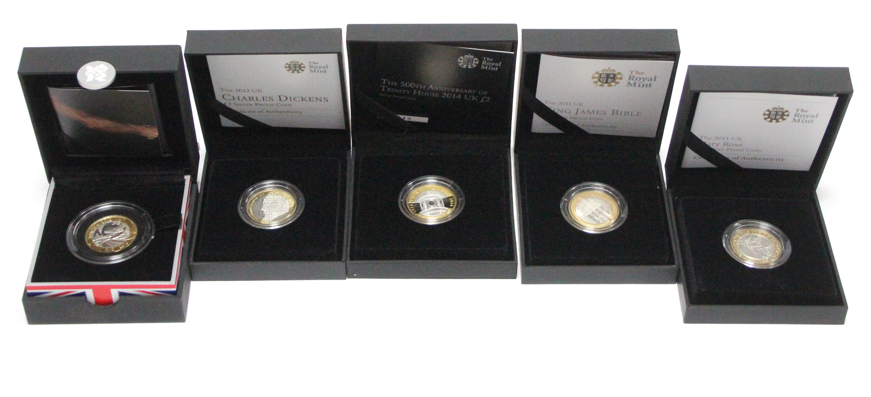 Five Royal Mint proof bi-colour commemorative £2 coins; 2001 (King James Bible, & Mary Rose);