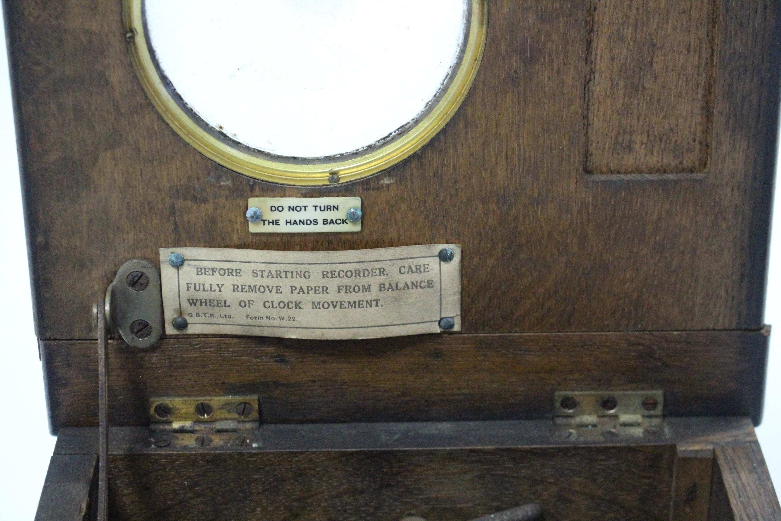 A Gledhill-Brook of Huddersfield time-recorder clock in ebonised oak case, 11¾” wide. - Image 3 of 5