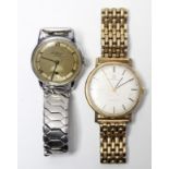An Omega gent’s wristwatch in rolled gold case & with rolled gold strap; & a Benson gent’s