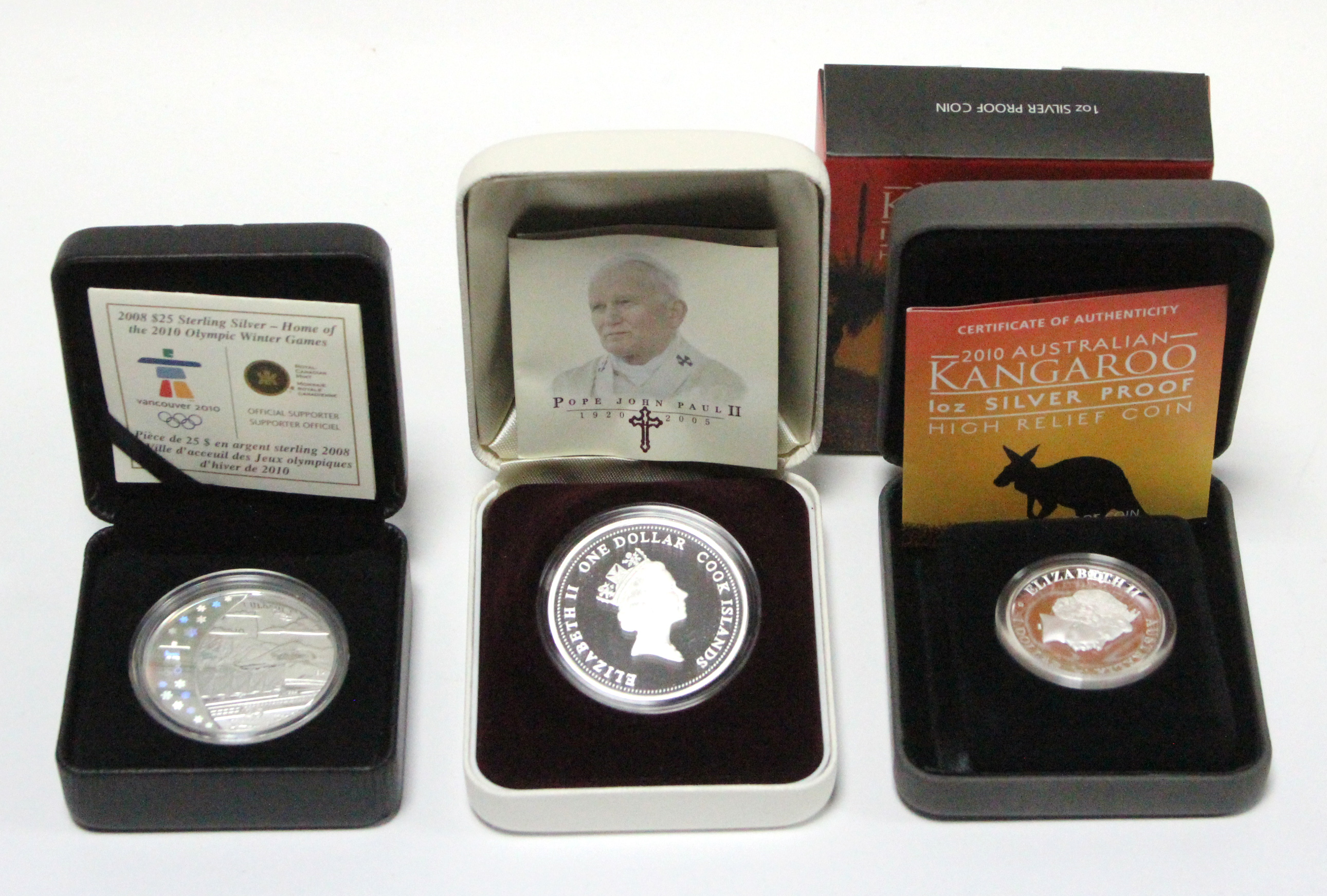 A Perth Mint silver pictorial Cook Islands 2005 dollar coin commemorating the life of Pope John Paul