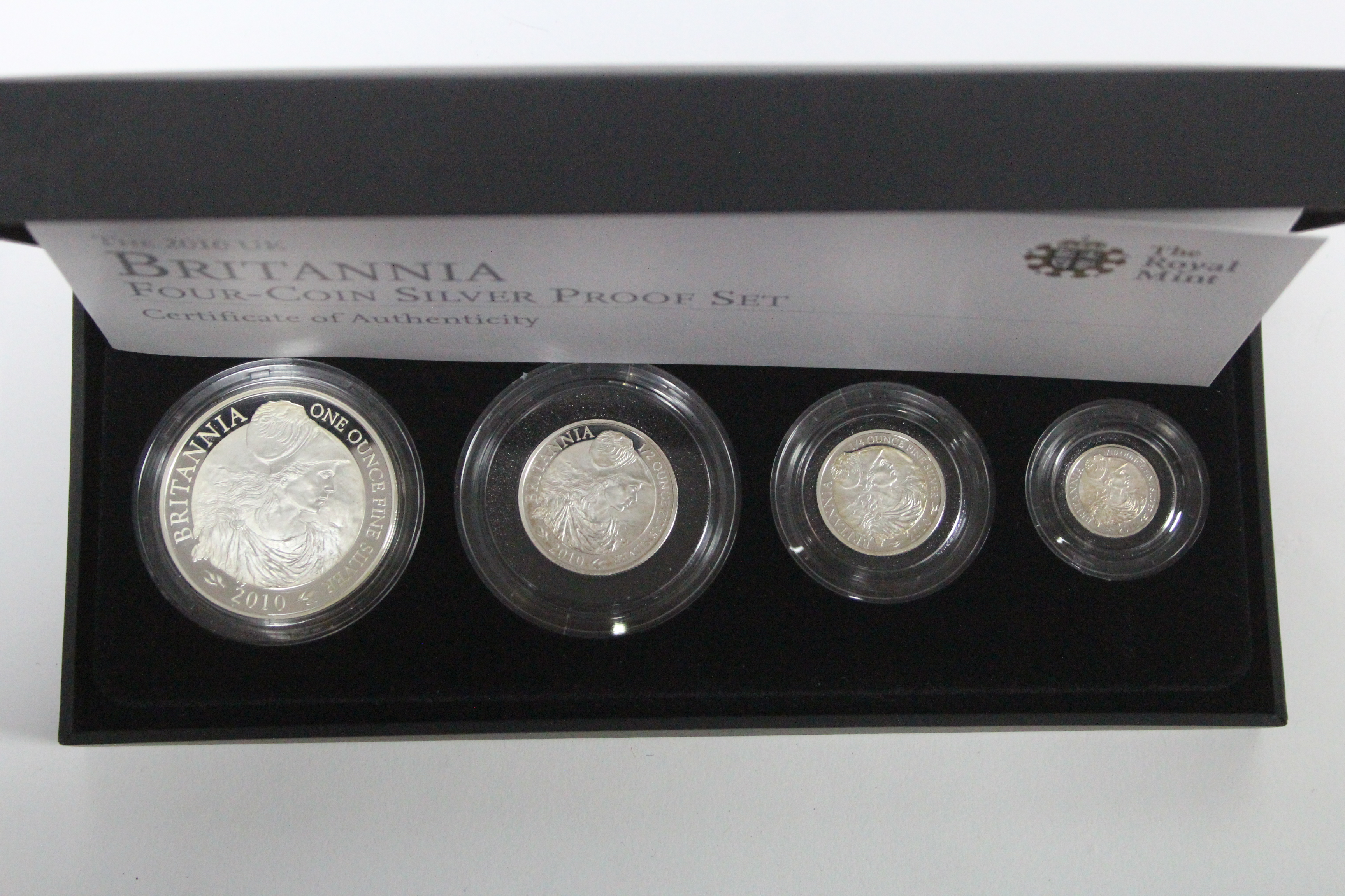 Two Royal Mint “Britannia” sterling proof four-coin sets, £2 to 20p; 2009 & 2010; cased. - Image 3 of 3