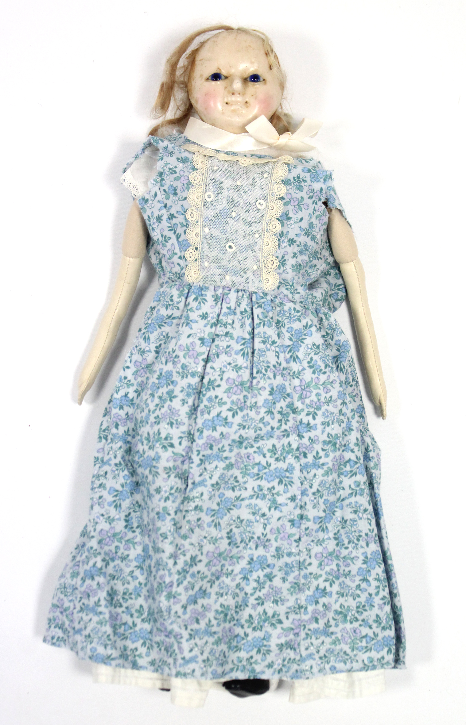 A Victorian wax head & shoulders girl doll with cloth body, 18” tall, dressed.