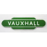 A MID 20TH CENTURY GREEN & WHITE ENAMELLED SOUTHERN RAILWAYS TOTEM STATION SIGN “VAUXHALL”, 36¼” x