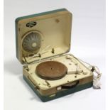 A Philips “Disc Jockey Major” portable record player in green & cream fibre-covered case.