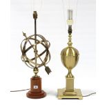 A brass Gimbal-design table lamp base mounted on wooden stepped circular plinth; & another brass
