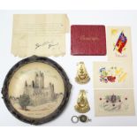 Three WWI silk embroidered postcards, two “Somerset” regiment badges; a WWI letter autographed by