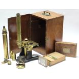An early/mid-20th century R. FIELD & SON’S of Birmingham brass monocular student’s microscope, in