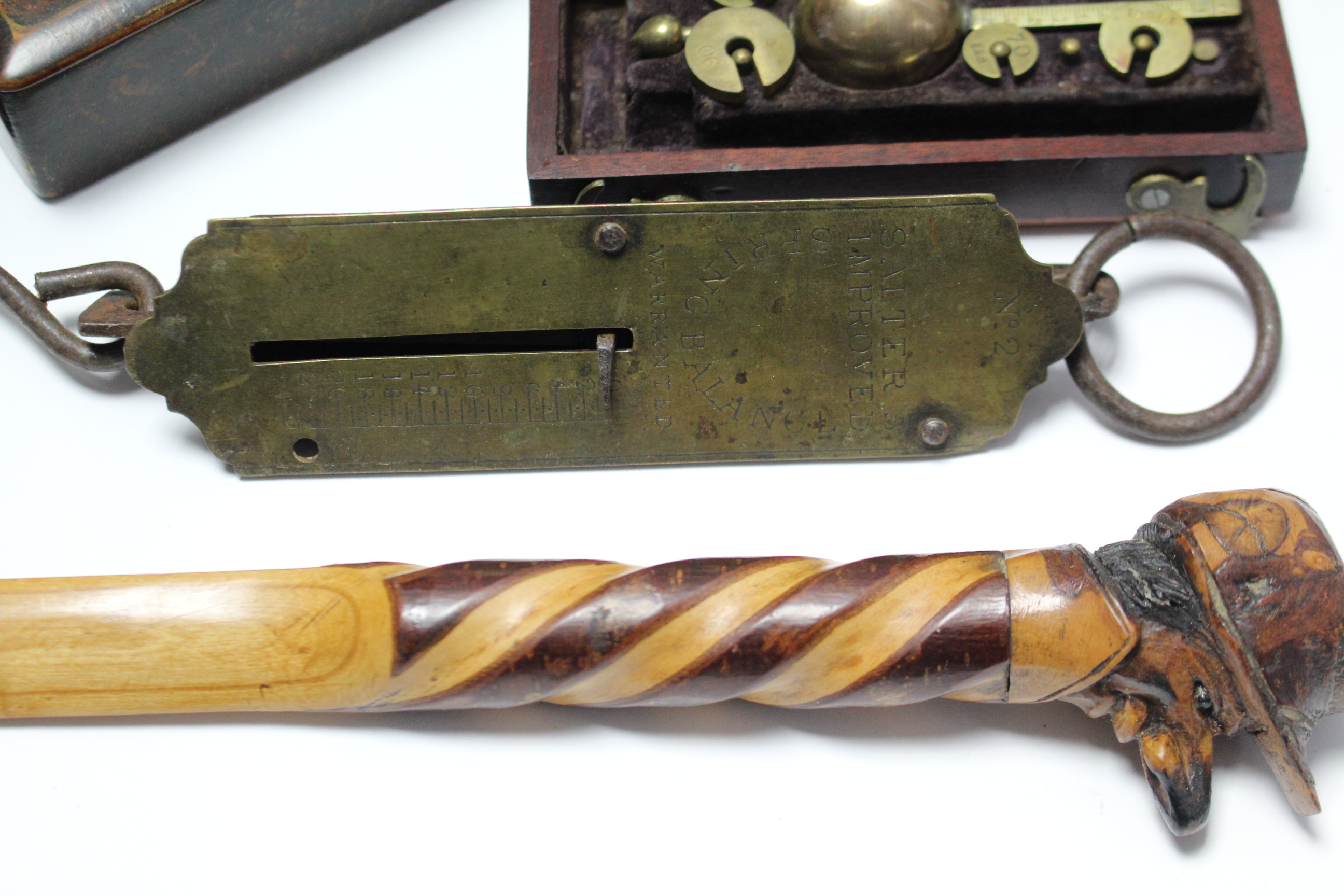 A Sikes’s miniature brass hydrometer, 3¾” long, cased; a lacquer work snuffbox; a part set of six - Image 3 of 8