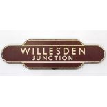 A MID 20TH CENTURY BROWN & WHITE ENAMELLED LONDON & NORTH RAILWAYS TOTEM STATION SIGN “WILLESDEN