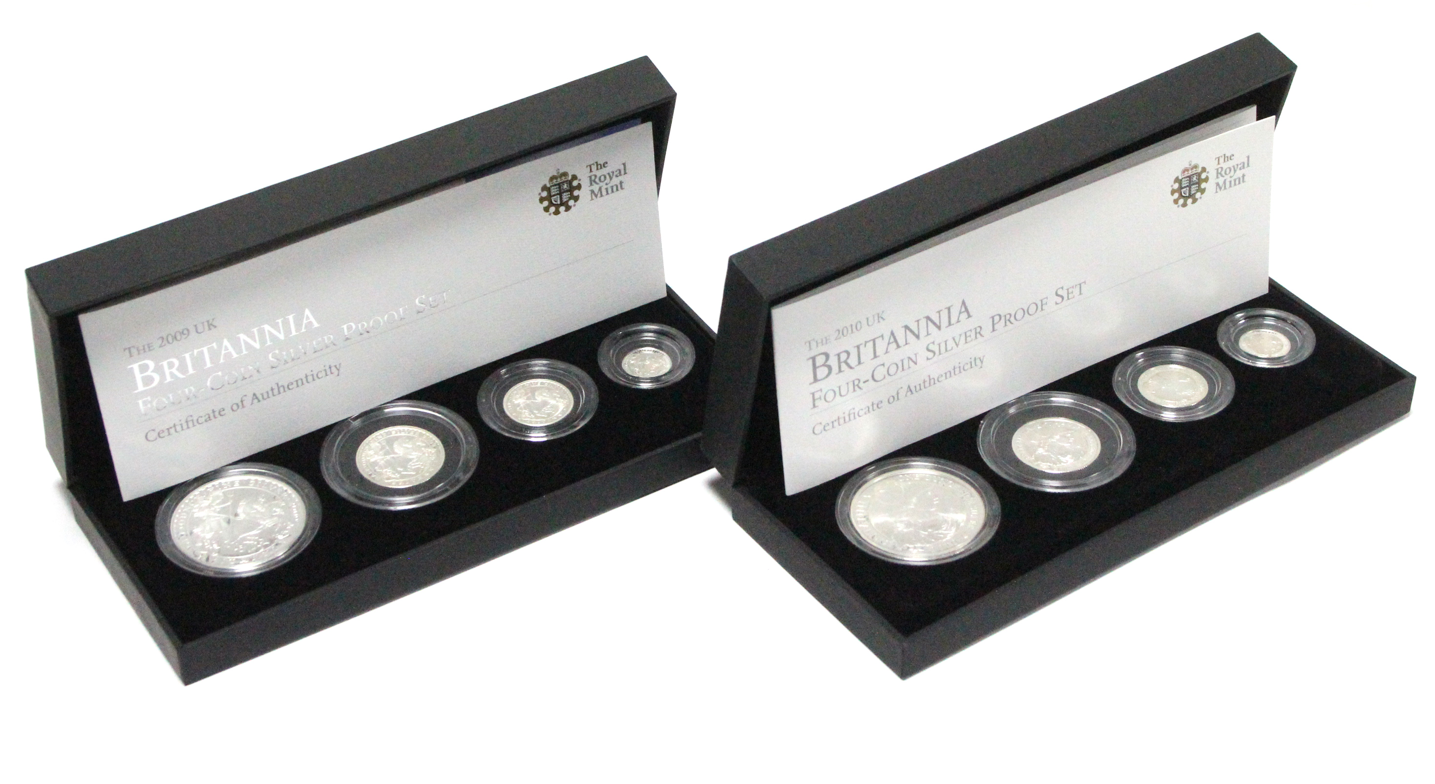 Two Royal Mint “Britannia” sterling proof four-coin sets, £2 to 20p; 2009 & 2010; cased.