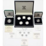 A Royal Mint Silver Proof Piedfort UK four-coin set illustrating the new designs for the £1 coin,