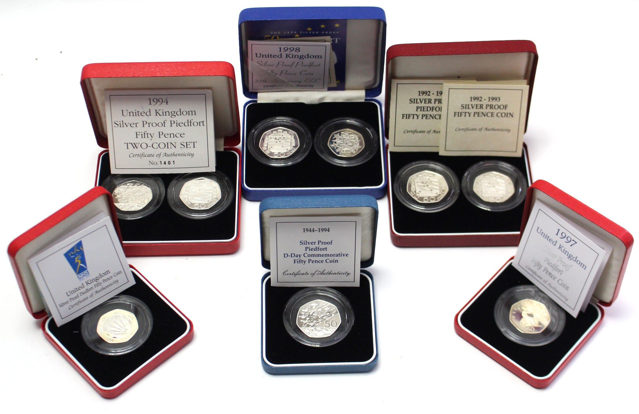 A Royal Mint Silver Proof Piedfort UK 1994 two-coin 50 pence set commemorating the 50th