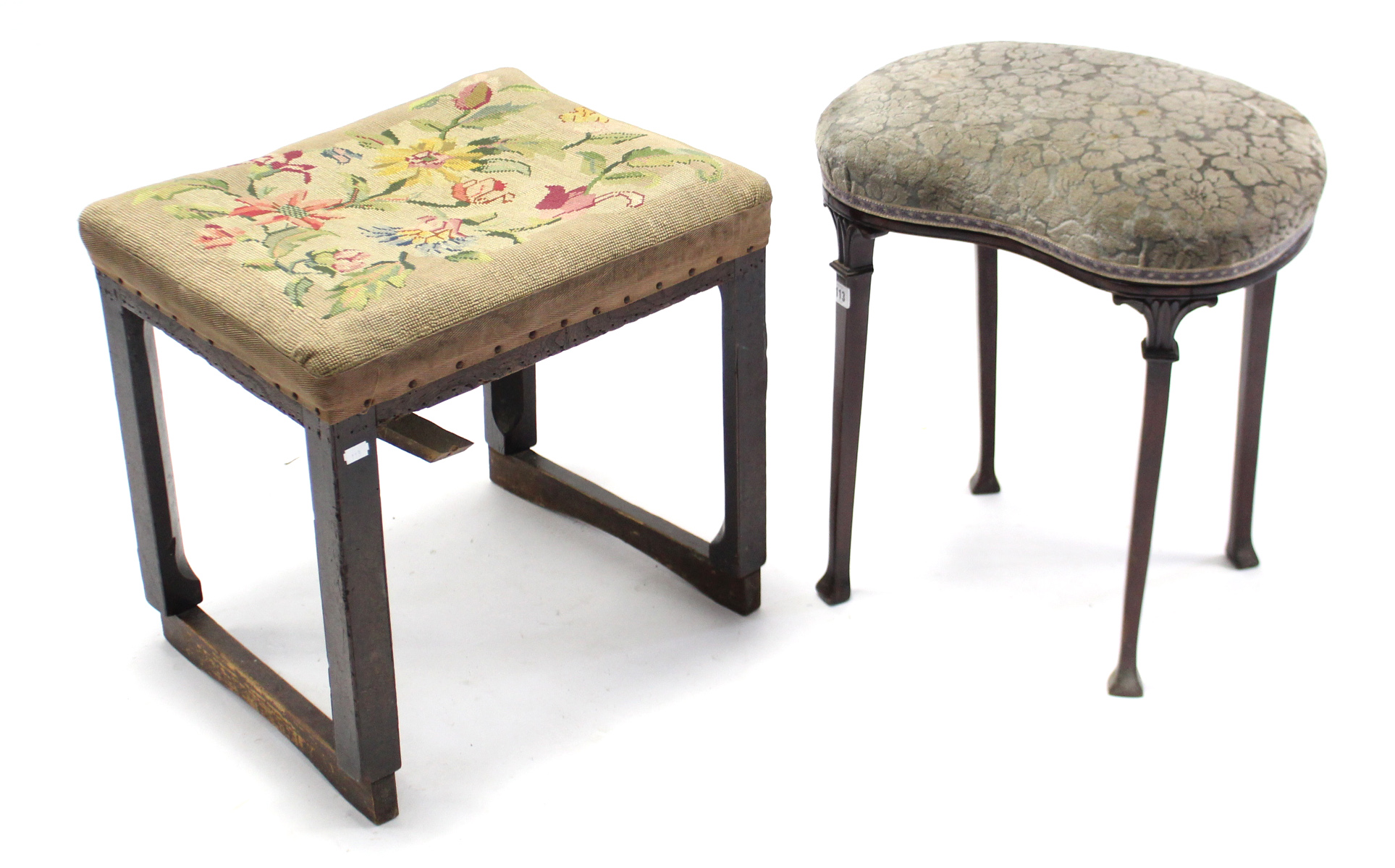 A 19th century dressing table stool with kidney-shaped seat, & on square tapered legs, 19” wide; &