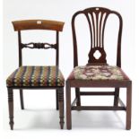 A 19th century mahogany bow-back dining chair with padded seat, & on turned tapered legs; & a